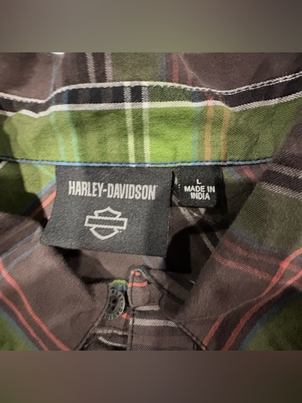 Harley Davidson Shirt Stencil Plaid Long Sleeve Button Up Brown & Green Sz L - Picture 3 of 8